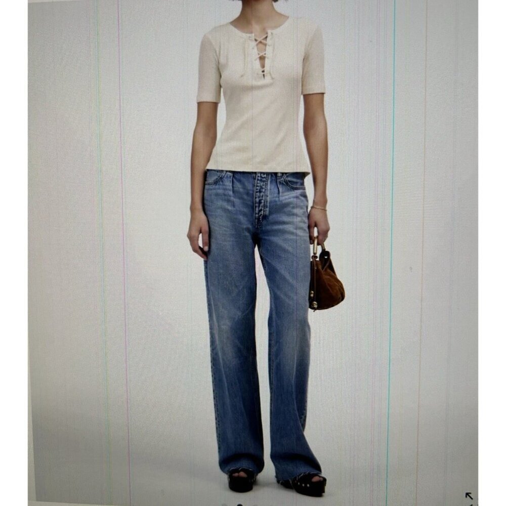 Madewell Ribbed Lace-Up Short-Sleeve Tee Ivory Size M - Picture 2 of 7
